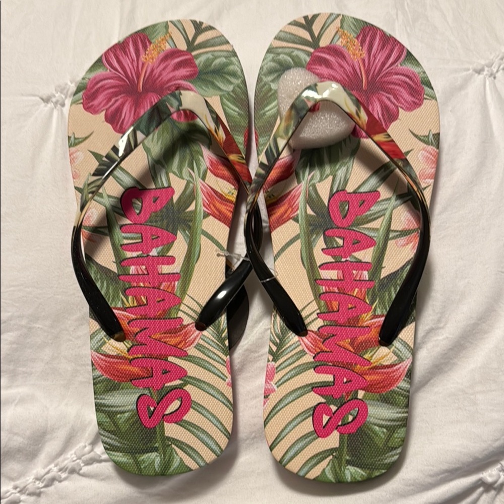 Floral Flip Flops - Pink and Black